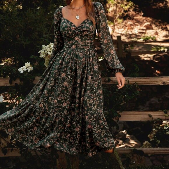 Dresses & Skirts - Dark Green Casual Women's Floral Midi Dress